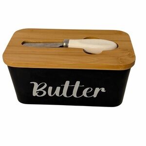 Unmarked Black Ceramic Butter Keeper Bamboo Lid Knife Farmhouse Kitchen Decor